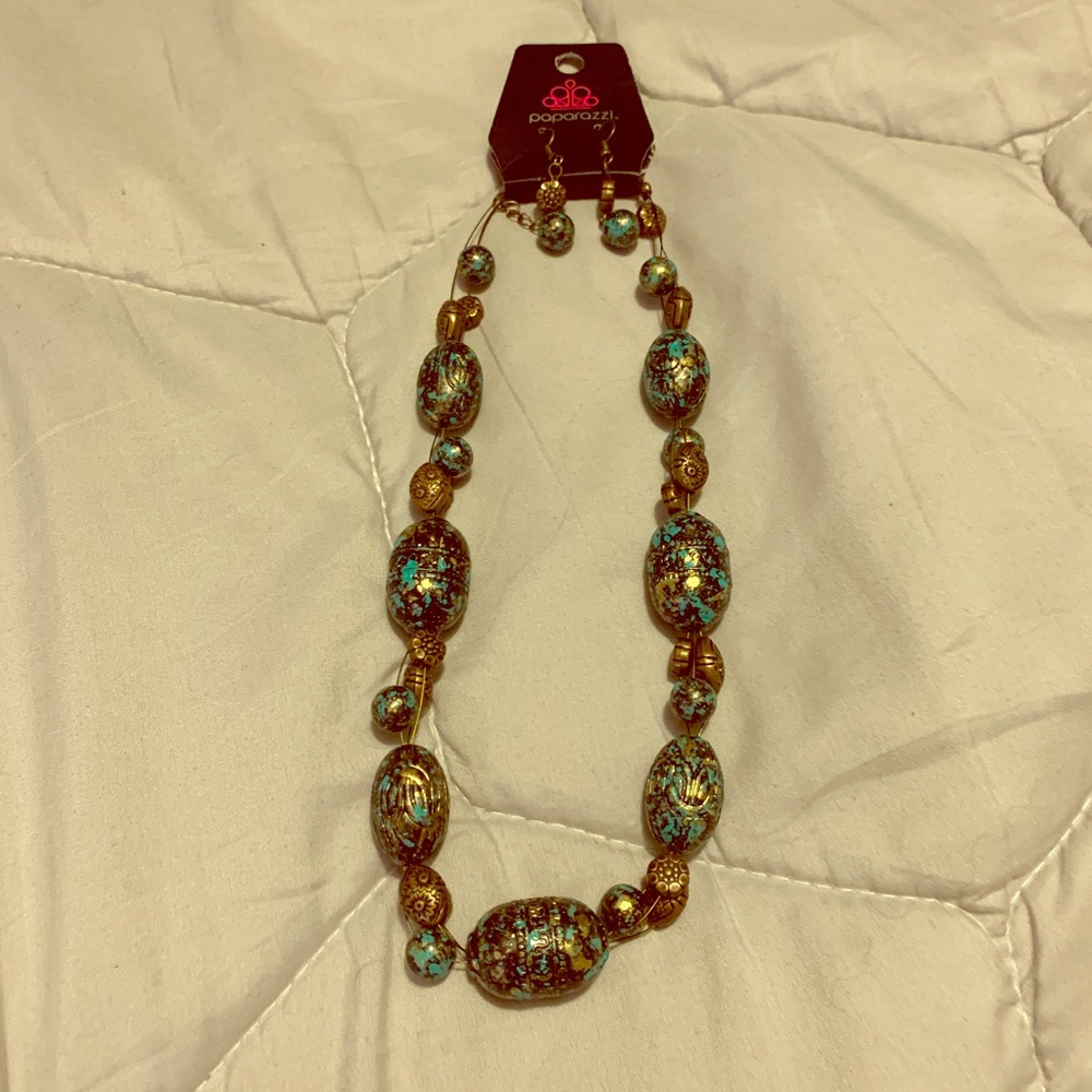 Blue and bronze necklace and earrings